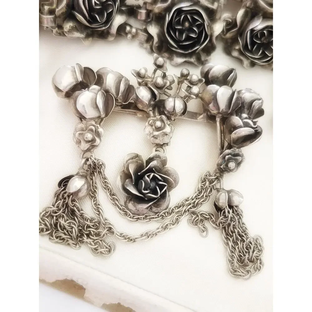 Vintage 1940s Sterling Hobe Rose Floral Bracelet Earring and Brooch Set